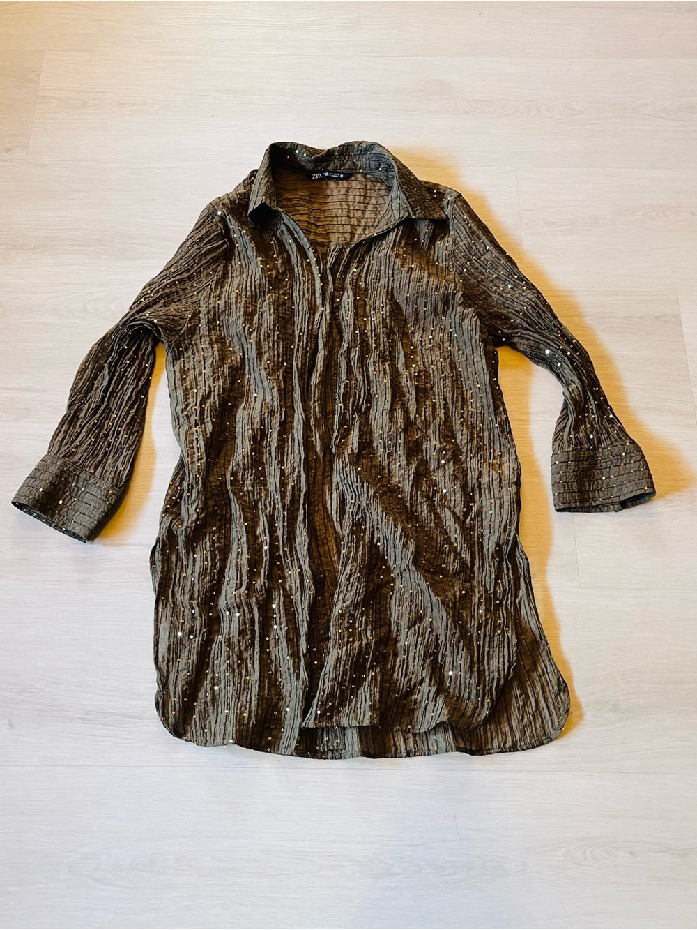 Zara Women's Olive Green Metallic Gold Sequin Crinkle Swim Coverup Tunic Size M